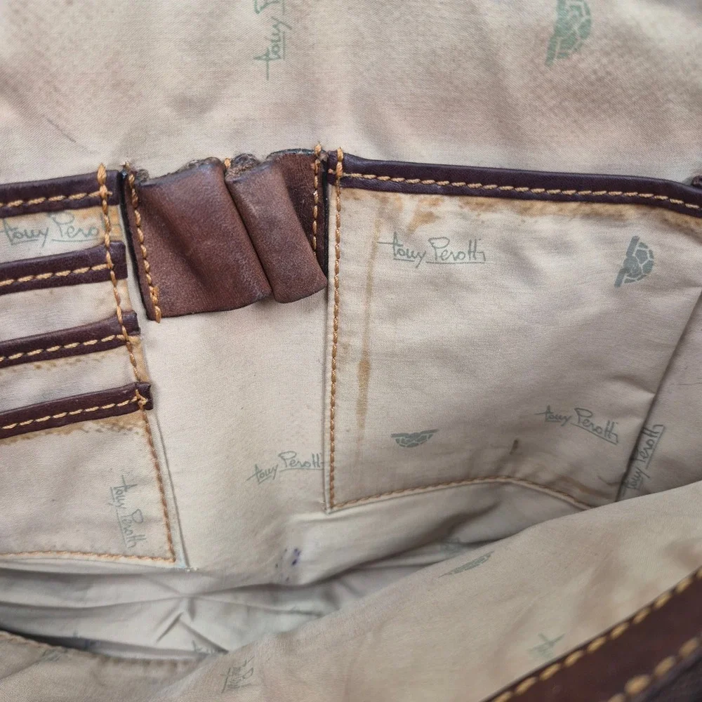 Tony Perotti Distressed Leather Shoulder Bag Brown Hobo Medium Long Green